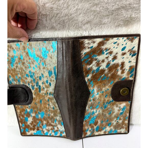 Cowhide Leather Checkbook/long wallet Turq/metallic hair on hide western boho - Picture 6 of 7